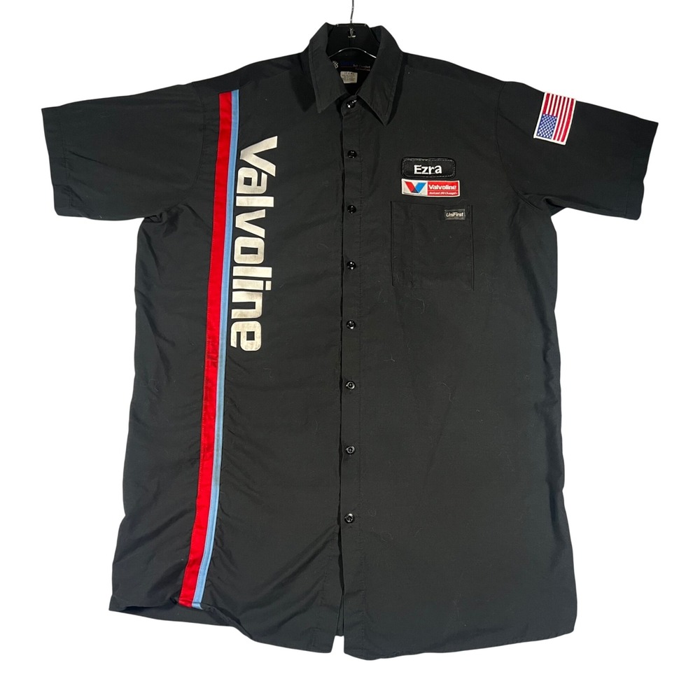 UniFirst Valvoline Mechanic Work Shirt Black Short Sleeve Racing Mens 17.5 R4